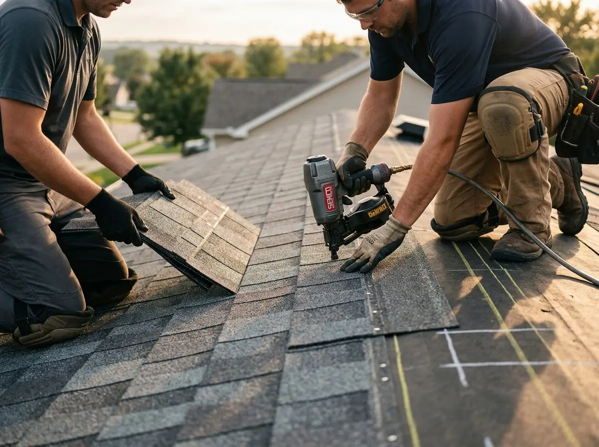 Professional roofer working on a residential roof in Hawthorn Woods